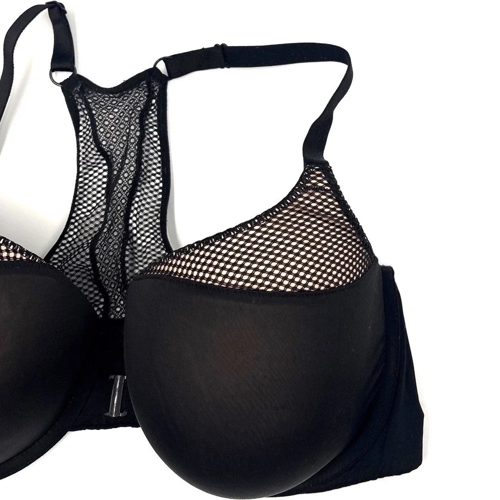 Victorias Secret Blk Fishnet Mesh Racerback T-Shirt Push-Up Bra 38DD Front Close